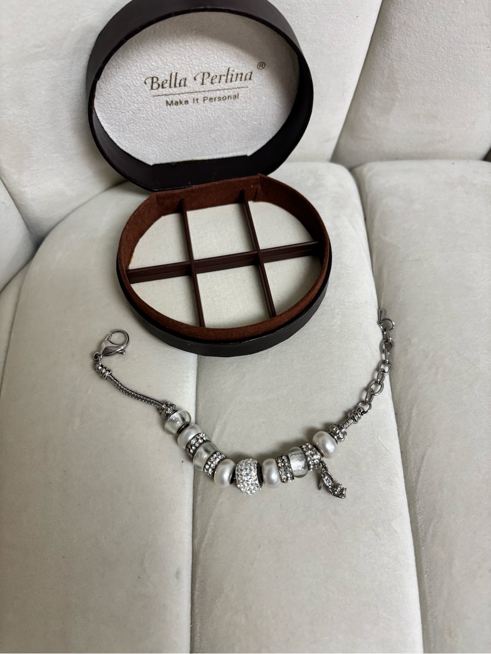 bella Perlina Silver Pearl Charm Bracelet with Crystal Accents
